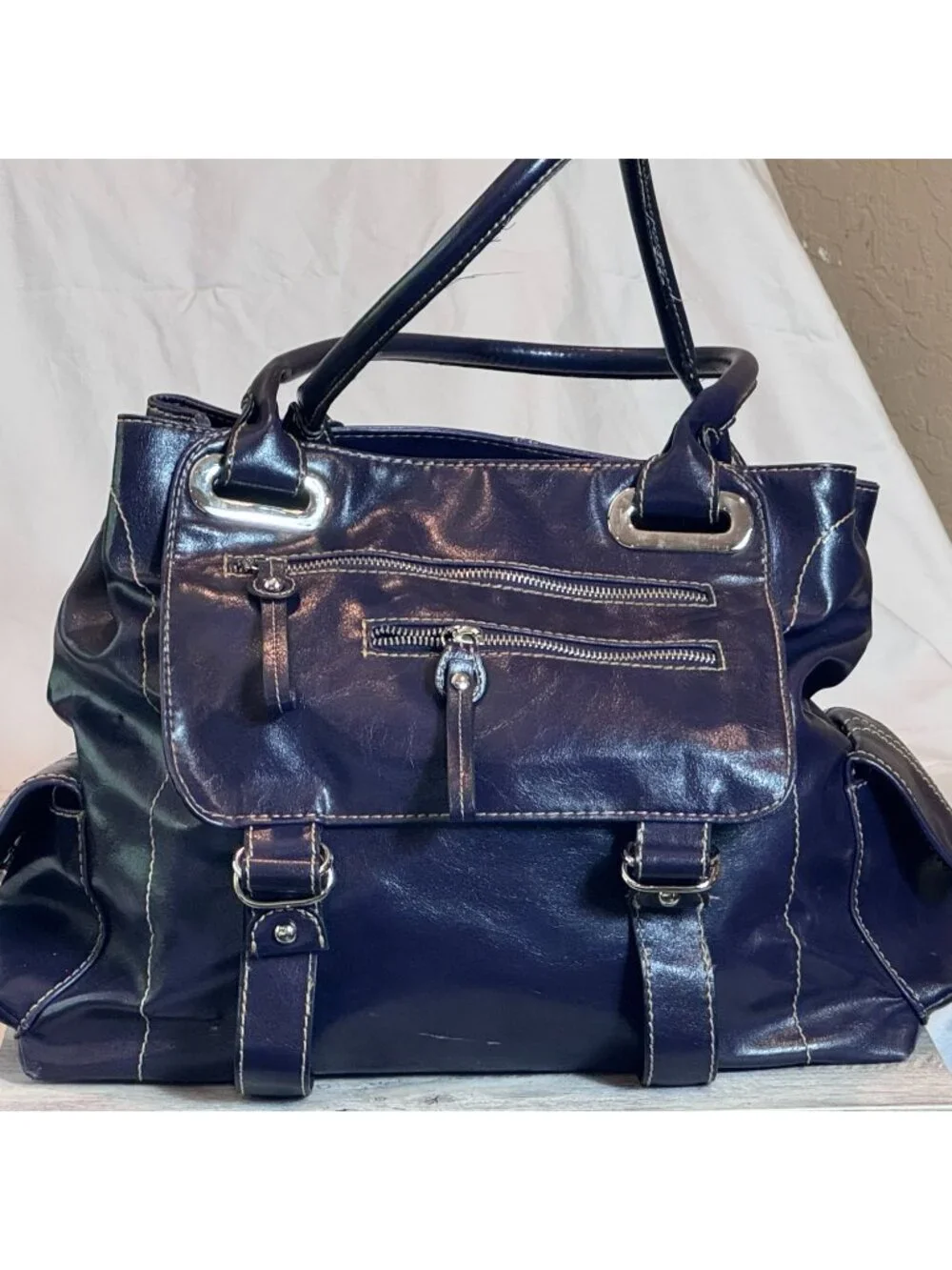 ALDO Purple Tote Shoulder Bag Multi Pocket Large Satchel Silver Hardware